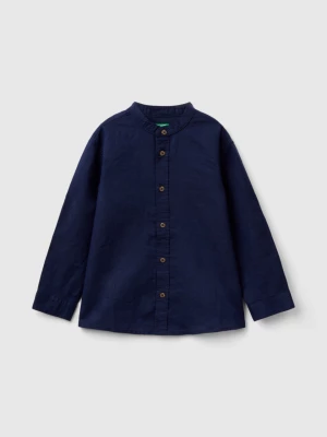 Benetton, Mandarin Collar Shirt In Linen Blend, size 104, Dark Blue, Kids United Colors of Benetton