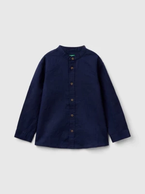 Benetton, Mandarin Collar Shirt In Linen Blend, size 110, Dark Blue, Kids United Colors of Benetton