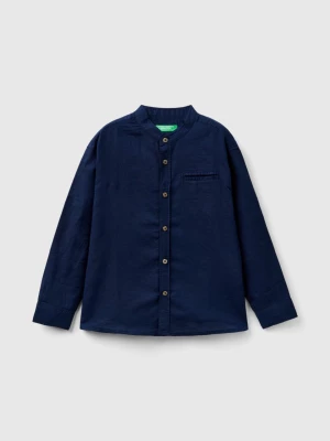 Benetton, Mandarin Collar Shirt In Linen Blend, size L, Dark Blue, Kids United Colors of Benetton