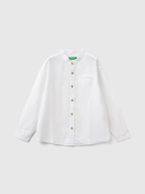 Benetton, Mandarin Collar Shirt In Linen Blend, size L, White, Kids United Colors of Benetton