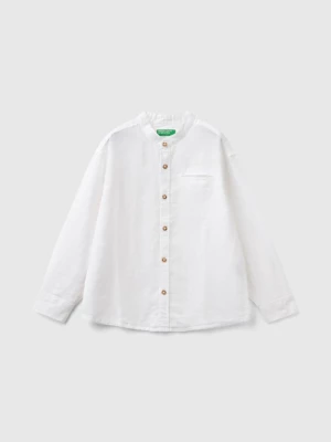 Benetton, Mandarin Collar Shirt In Linen Blend, size M, White, Kids United Colors of Benetton