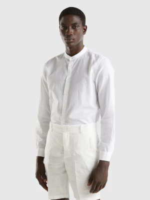 Benetton, Mandarin Collar Shirt In Linen Blend, size XL, White, Men United Colors of Benetton