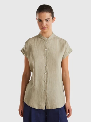 Benetton, Mandarin Shirt In Pure Linen, size L, Light Green, Women United Colors of Benetton