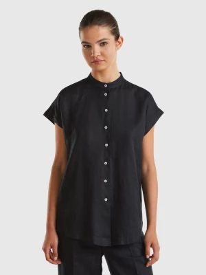 Benetton, Mandarin Shirt In Pure Linen, size XL, Black, Women United Colors of Benetton
