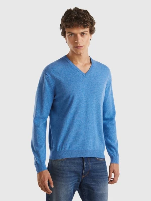 Benetton, Marl Blue V-neck Sweater In Pure Merino Wool, size XL, Blue, Men United Colors of Benetton