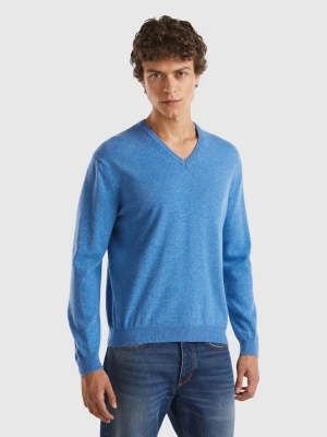 Benetton, Marl Blue V-neck Sweater In Pure Merino Wool, size XS, Blue, Men United Colors of Benetton