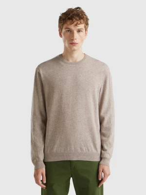 Benetton, Marl Brown Crew Neck Sweater In Pure Merino Wool, Size: XS, Dove Gray, Men United Colors of Benetton