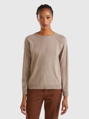 Benetton, Marl Brown Crew Neck Sweater In Wool And Cashmere Blend, size L, Brown, Women United Colors of Benetton