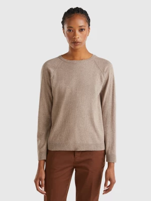 Benetton, Marl Brown Crew Neck Sweater In Wool And Cashmere Blend, size S, Brown, Women United Colors of Benetton