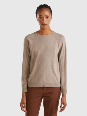 Benetton, Marl Brown Crew Neck Sweater In Wool And Cashmere Blend, size XS, Brown, Women United Colors of Benetton