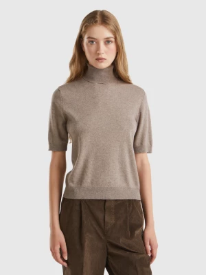 Benetton, Marl Brown Short Sleeve Turtleneck In Cashmere Blend, size L, Brown, Women United Colors of Benetton