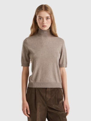 Benetton, Marl Brown Short Sleeve Turtleneck In Cashmere Blend, size L, Brown, Women United Colors of Benetton