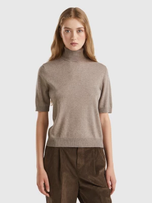 Benetton, Marl Brown Short Sleeve Turtleneck In Cashmere Blend, size S, Brown, Women United Colors of Benetton