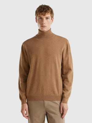 Benetton, Marl Brown Turtleneck In Pure Merino Wool, size M, Brown, Men United Colors of Benetton