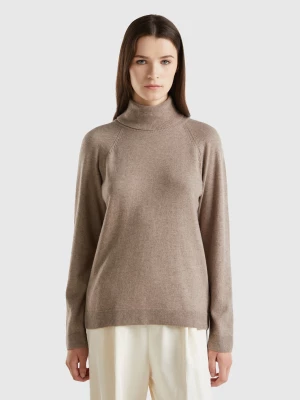 Benetton, Marl Brown Turtleneck In Wool And Cashmere Blend, size L, Brown, Women United Colors of Benetton