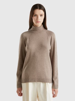 Benetton, Marl Brown Turtleneck In Wool And Cashmere Blend, size XS, Brown, Women United Colors of Benetton