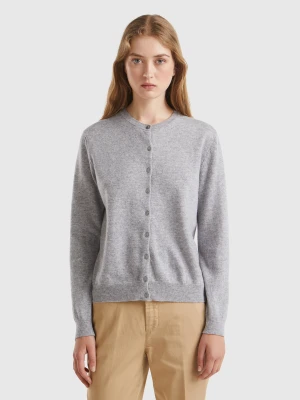 Benetton, Marl Gray Crew Neck Cardigan In Pure Merino Wool, Size: XXS, Light Gray, Women United Colors of Benetton
