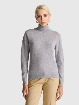 Benetton, Marl Gray Turtleneck Sweater In Pure Merino Wool, Size: XXS, Light Gray, Women United Colors of Benetton