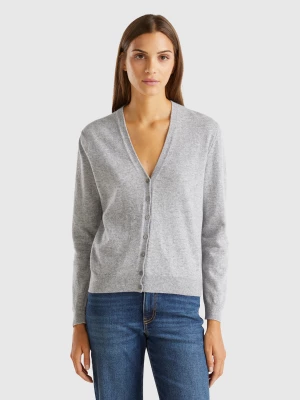 Benetton, Marl Gray V-neck Cardigan In Pure Merino Wool, size XL, Light Gray, Women United Colors of Benetton