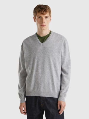 Benetton, Marl Gray V-neck Sweater In Pure Merino Wool, size L, Light Gray, Men United Colors of Benetton