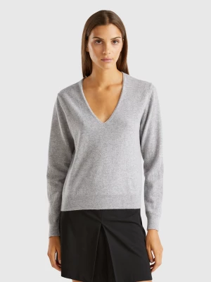 Benetton, Marl Gray V-neck Sweater In Pure Merino Wool, size L, Light Gray, Women United Colors of Benetton