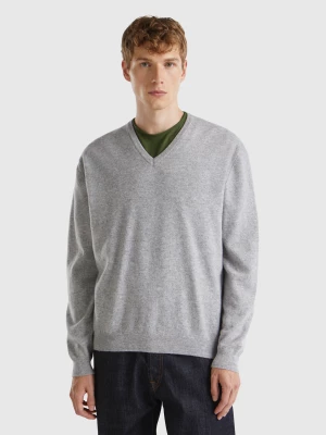 Benetton, Marl Gray V-neck Sweater In Pure Merino Wool, size XS, Light Gray, Men United Colors of Benetton