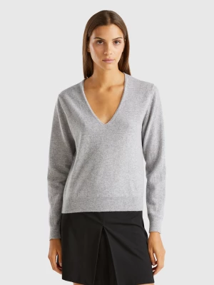 Benetton, Marl Gray V-neck Sweater In Pure Merino Wool, size XS, Light Gray, Women United Colors of Benetton