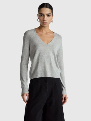 Benetton, Marl Gray V-neck Sweater In Pure Merino Wool, Size: XS, Light Gray, Women United Colors of Benetton