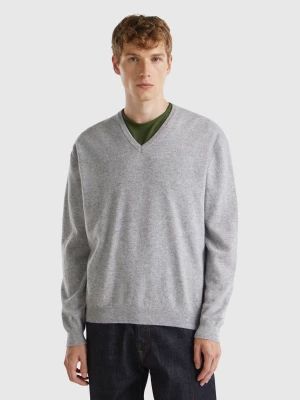 Benetton, Marl Gray V-neck Sweater In Pure Merino Wool, size XXL, Light Gray, Men United Colors of Benetton