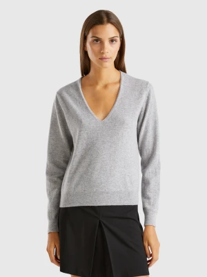 Benetton, Marl Gray V-neck Sweater In Pure Merino Wool, Size: XXS, Light Gray, Women United Colors of Benetton