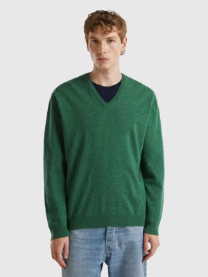 Benetton, Marl Green V-neck Sweater In Pure Merino Wool, size M, Green, Men United Colors of Benetton