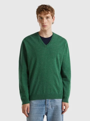 Benetton, Marl Green V-neck Sweater In Pure Merino Wool, size XL, Green, Men United Colors of Benetton