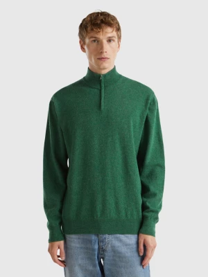 Benetton, Marl Green Zip-up Sweater In 100% Merino Wool, size L, Green, Men United Colors of Benetton