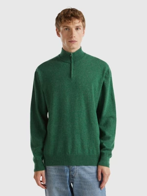 Benetton, Marl Green Zip-up Sweater In 100% Merino Wool, size L, Green, Men United Colors of Benetton