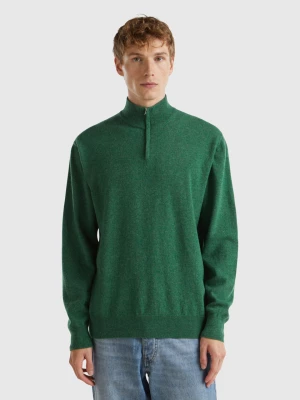 Benetton, Marl Green Zip-up Sweater In 100% Merino Wool, size S, Green, Men United Colors of Benetton