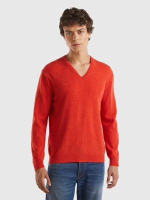 Benetton, Marl Orange V-neck Sweater In Pure Merino Wool, size L, Orange, Men United Colors of Benetton
