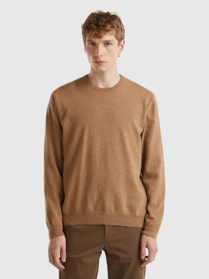 Benetton, Marl Pink Crew Neck Sweater In Pure Merino Wool, size M, Brown, Men United Colors of Benetton