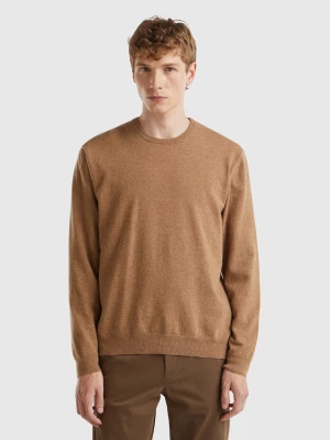 Benetton, Marl Pink Crew Neck Sweater In Pure Merino Wool, size M, Brown, Men United Colors of Benetton