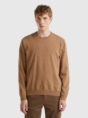 Benetton, Marl Pink Crew Neck Sweater In Pure Merino Wool, size XL, Brown, Men United Colors of Benetton