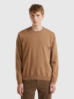 Benetton, Marl Pink Crew Neck Sweater In Pure Merino Wool, size XS, Brown, Men United Colors of Benetton