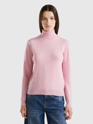 Benetton, Marl Pink Turtleneck Sweater In Pure Merino Wool, size L, Pink, Women United Colors of Benetton