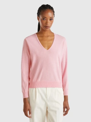 Benetton, Marl Pink V-neck Sweater In Pure Merino Wool, size M, Pink, Women United Colors of Benetton