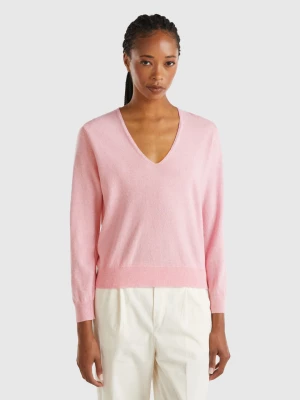 Benetton, Marl Pink V-neck Sweater In Pure Merino Wool, size XL, Pink, Women United Colors of Benetton