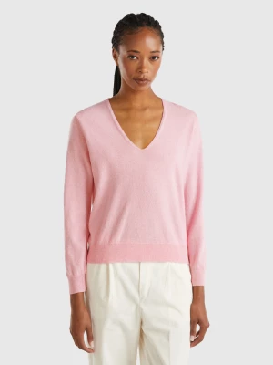 Benetton, Marl Pink V-neck Sweater In Pure Merino Wool, size XS, Pink, Women United Colors of Benetton