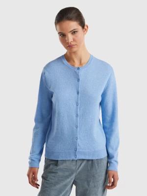 Benetton, Marl Sky Blue Crew Neck Cardigan In Pure Merino Wool, size L, Light Blue, Women United Colors of Benetton