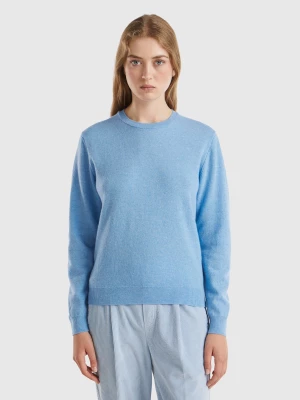 Benetton, Marl Sky Blue Crew Neck Sweater In Pure Merino Wool, size L, Light Blue, Women United Colors of Benetton