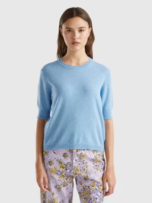 Benetton, Marl Sky Blue Short Sleeve Sweater In Pure Merino Wool, size L, Light Blue, Women United Colors of Benetton