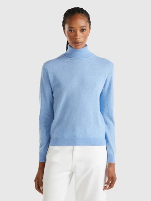 Benetton, Marl Sky Blue Turtleneck Sweater In Pure Merino Wool, size L, Light Blue, Women United Colors of Benetton