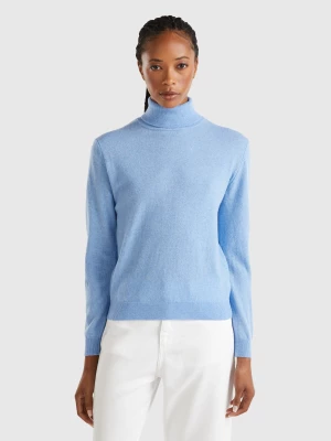 Benetton, Marl Sky Blue Turtleneck Sweater In Pure Merino Wool, size L, Light Blue, Women United Colors of Benetton