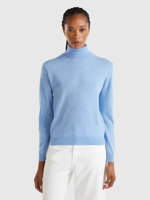 Benetton, Marl Sky Blue Turtleneck Sweater In Pure Merino Wool, size S, Light Blue, Women United Colors of Benetton